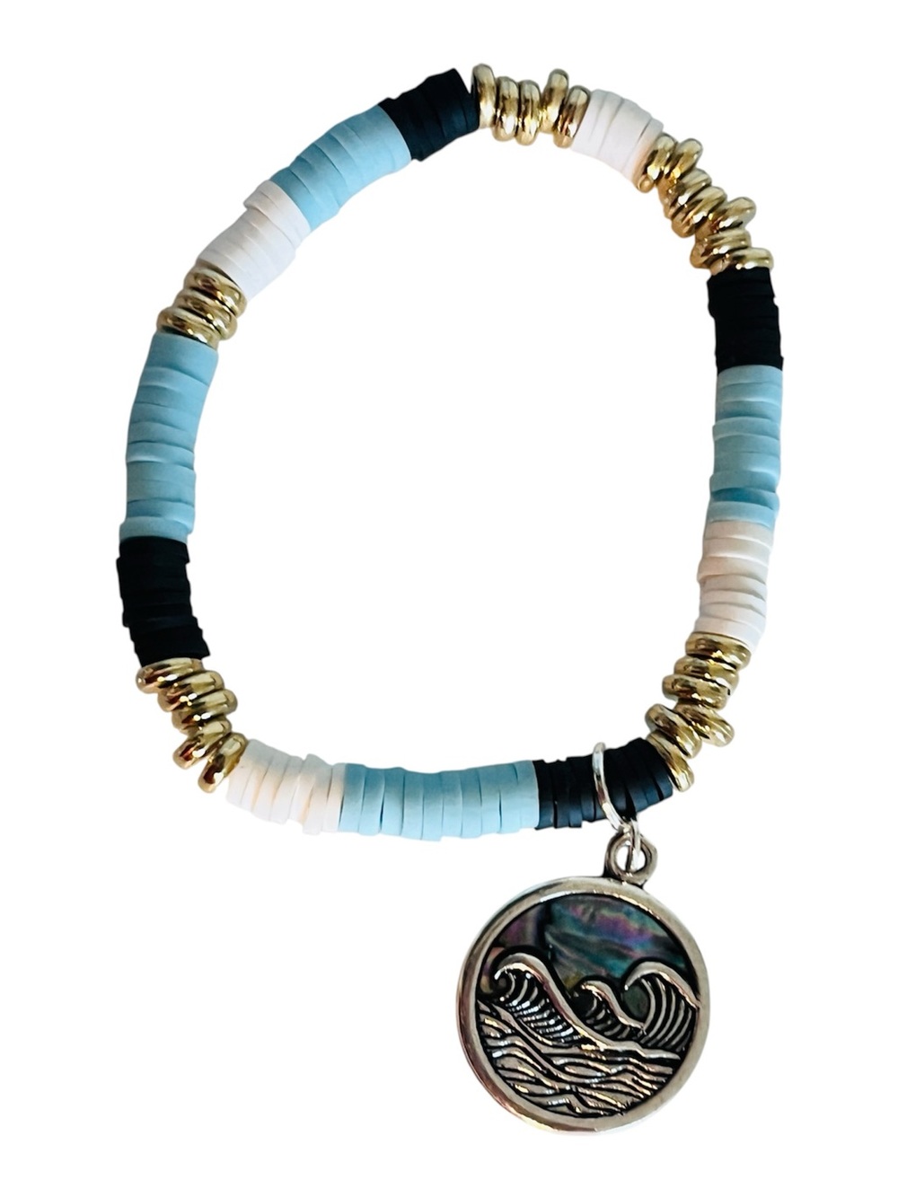 Sea Wave Charm Stretch Bracelet - Light Blue, Black & White